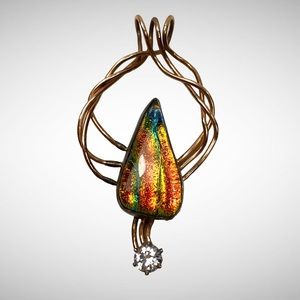 Vintage Iridescent Glass Pendant Wire Wrapped With Faux Diamond 2” Signed
